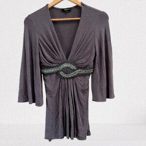 Sky Women's Deep V Velvet Chain Bead Braided Top Bell Sleeve Grey New Small